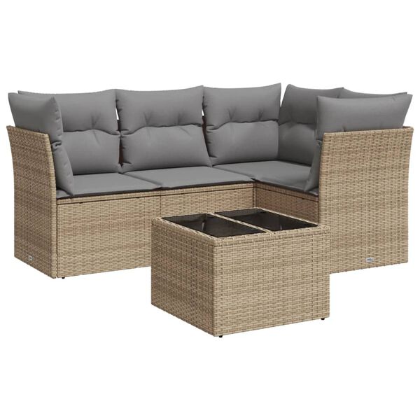 vidaXL 5-delige Loungeset met kussens poly rattan beige