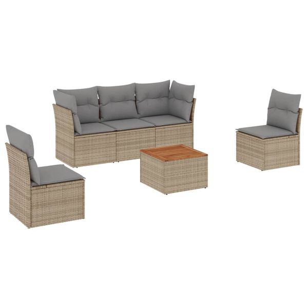 vidaXL 6-delige Loungeset met kussens poly rattan beige