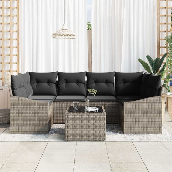 vidaXL Bankstel met kussen met opslag 7 pcs Grijs poly rattan