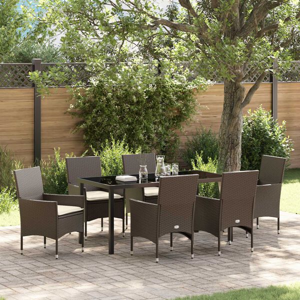 vidaXL Tuin eettafelset met kussen 7 pcs Bruin poly rattan