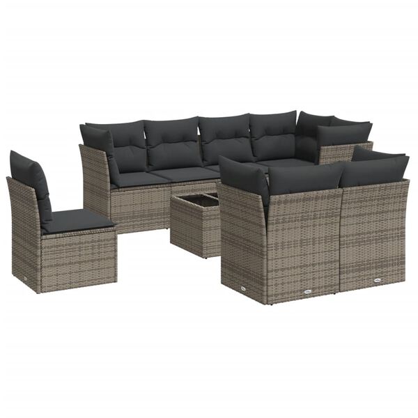 vidaXL 9-delige Loungeset met kussens poly rattan grijs