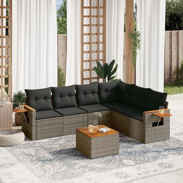 vidaXL 7-delige Loungeset met kussens poly rattan grijs