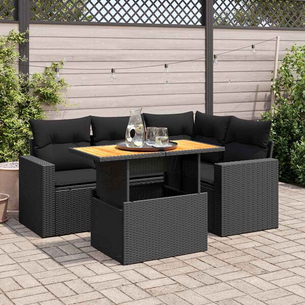 vidaXL 5-delige Loungeset met kussens poly rattan zwart