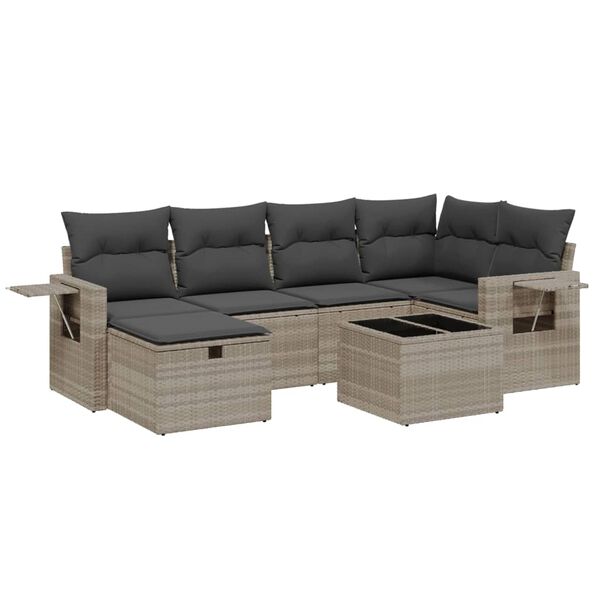 vidaXL 7-delige Loungeset met kussens poly rattan lichtgrijs