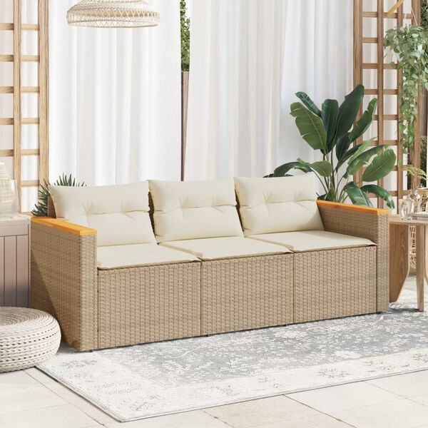 vidaXL Tuinbank 3-zits met kussens poly rattan beige