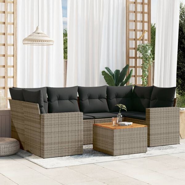 vidaXL 7-delige Loungeset met kussens poly rattan grijs