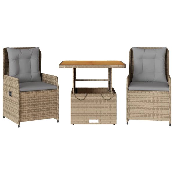vidaXL 3-delige Bistroset met kussens poly rattan beige