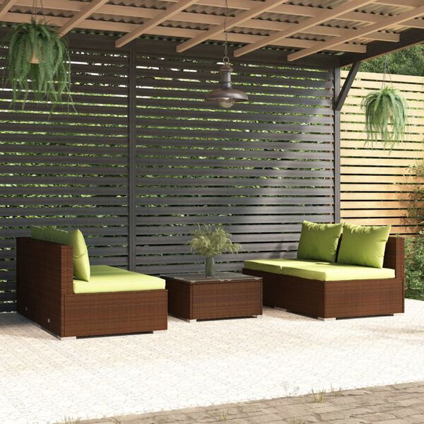 vidaXL 5-delige Loungeset met kussens poly rattan bruin