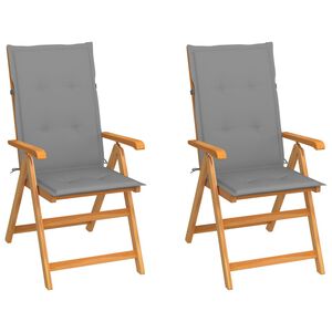 vidaXL Inklapbare stoelen 2 st met grijze kussens massief teakhout