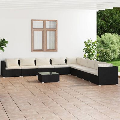 vidaXL 10-delige Loungeset met kussens poly rattan zwart