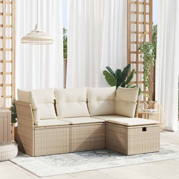 vidaXL 4-delige Loungeset met kussens poly rattan beige
