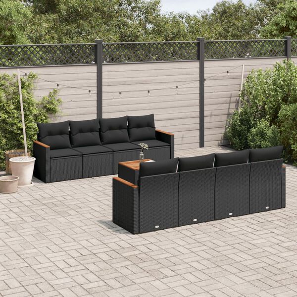 vidaXL 9-delige Loungeset met kussens poly rattan zwart