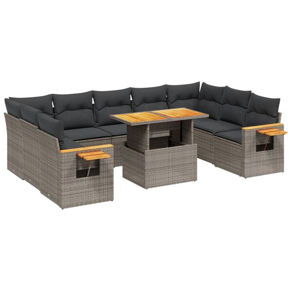 vidaXL 10-delige Loungeset met kussens poly rattan grijs