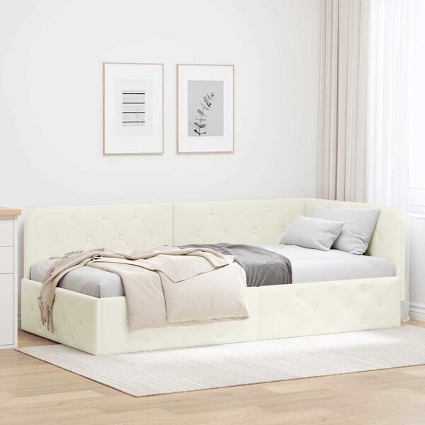 vidaXL Hoekbedframe met hoofdeinde Cr&egrave;me 90 x 200 cm Fluweel