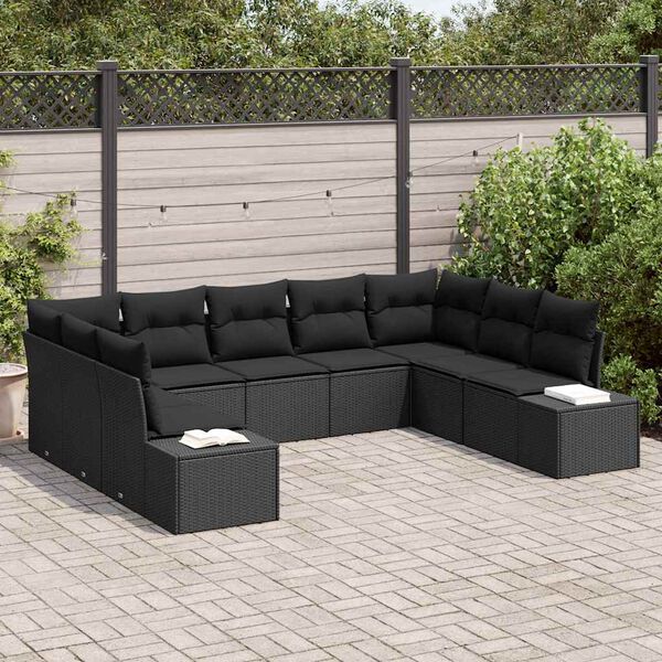 vidaXL Tuinbankenset met kussen 9 pcs Zwart Polyrattan
