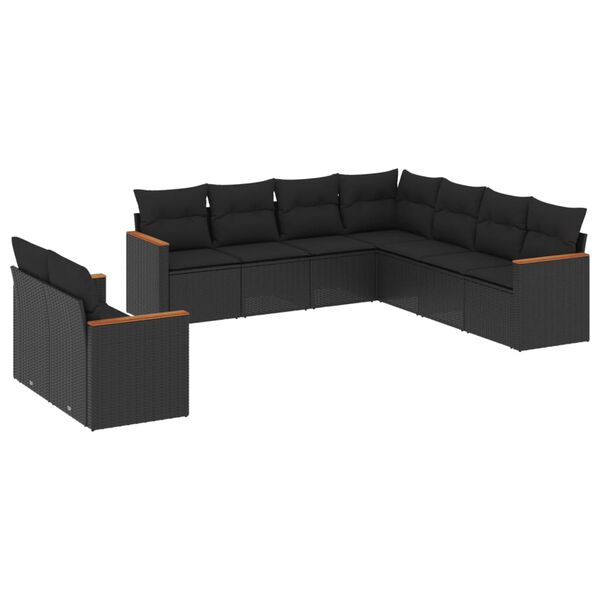 vidaXL 9-delige Loungeset met kussens poly rattan zwart