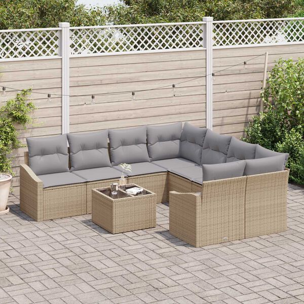 vidaXL Bankstel met kussen met opslag 9 pcs Beige en Grijs poly rattan