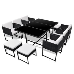 vidaXL 11-delige Tuinset met kussens poly rattan zwart