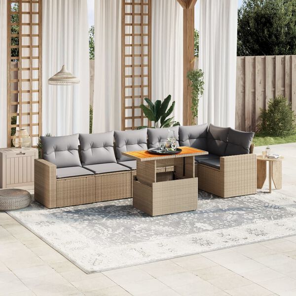 vidaXL 7-delige Loungeset met kussens poly rattan beige