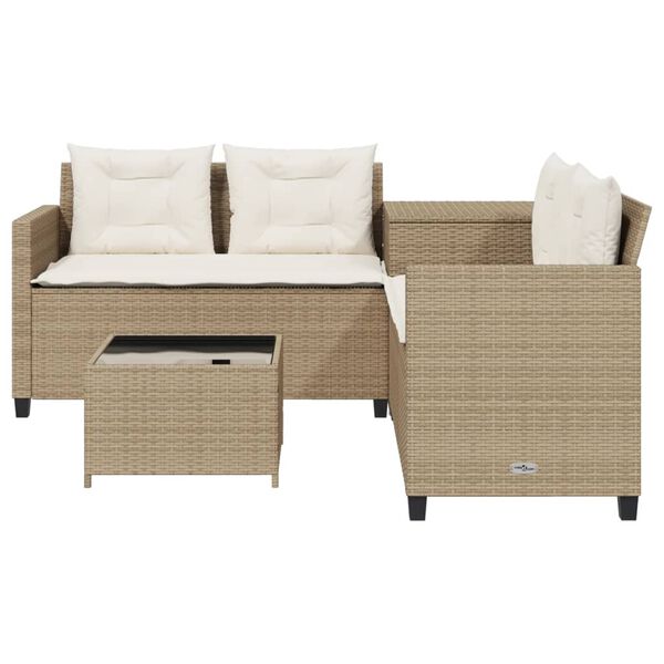 vidaXL Tuinbank met tafel en kussens L-vormig poly rattan beige