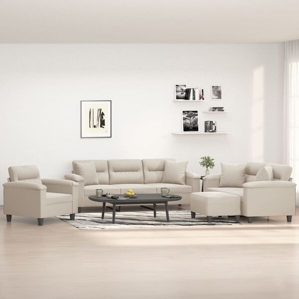 vidaXL 4-delige Loungeset met kussens microvezelstof cr&egrave;mekleurig