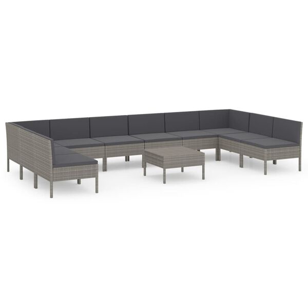 vidaXL 11-delige Loungeset met kussens poly rattan grijs