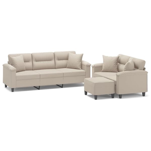 vidaXL 3-delige Loungeset met kussens microvezelstof cr&egrave;mekleurig