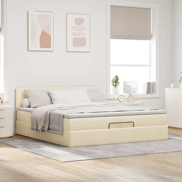 vidaXL Ottoman bed met matrassen en LED's 200x200cm stof cr&egrave;mekleurig