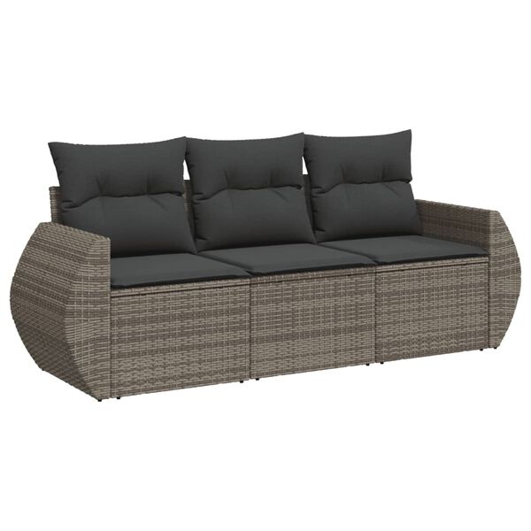 vidaXL 3-delige Loungeset met kussens poly rattan grijs