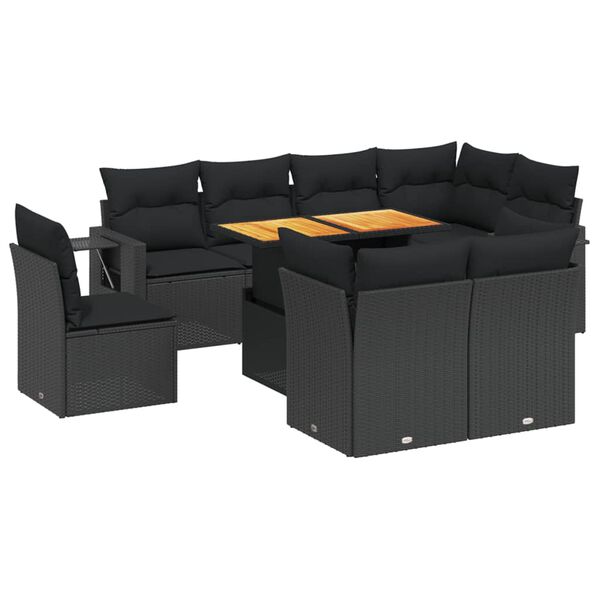 vidaXL 9-delige Loungeset met kussens poly rattan zwart