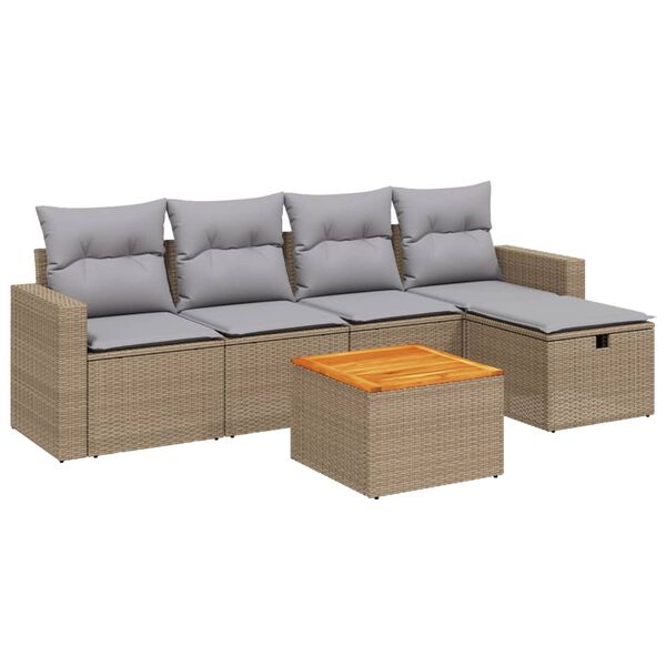 vidaXL 6-delige Loungeset met kussens poly rattan gemengd beige