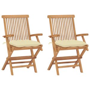 vidaXL Opklapbare stoelen met cr&egrave;mekleurige kussens, 2 stuks, massief teakhout