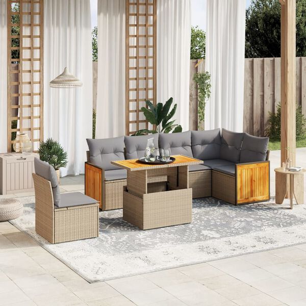 vidaXL 7-delige Loungeset met kussens poly rattan beige
