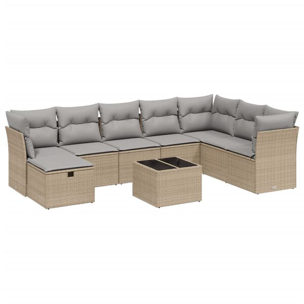 vidaXL 9-delige Loungeset met kussens poly rattan gemengd beige