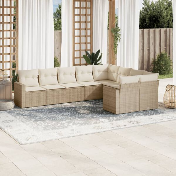 vidaXL 9-delige Loungeset met kussens poly rattan beige