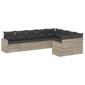 vidaXL 9-delige Loungeset met kussens poly rattan lichtgrijs