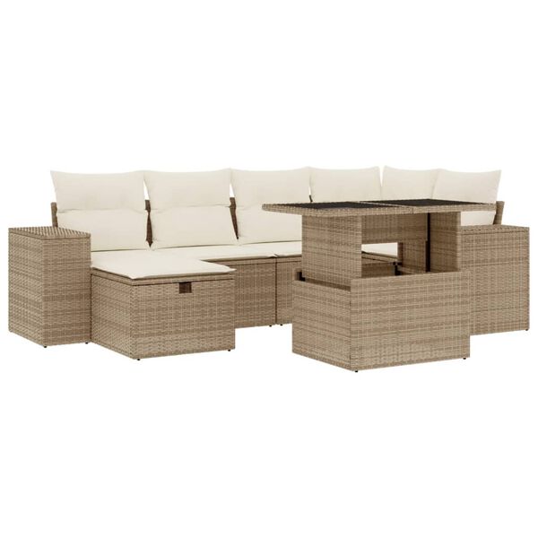 vidaXL 7-delige Loungeset met kussens poly rattan beige