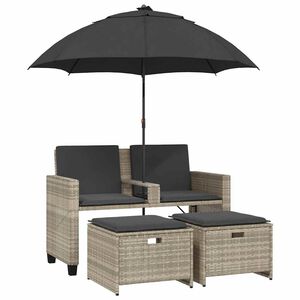 vidaXL Tuinbank 2-zits parasol en voetenbanken poly rattan lichtgrijs