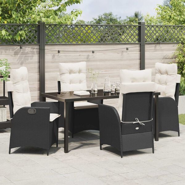 vidaXL Tuin eettafelset met kussen 5 pcs Zwart poly rattan