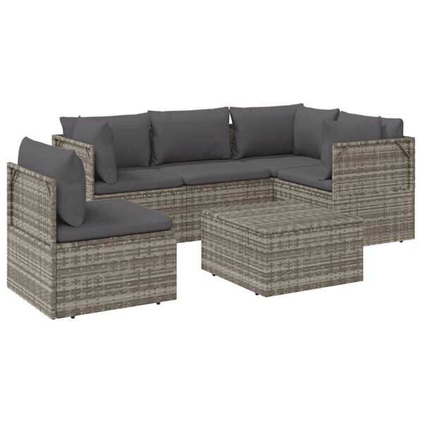 vidaXL 6-delige Loungeset met kussens poly rattan grijs