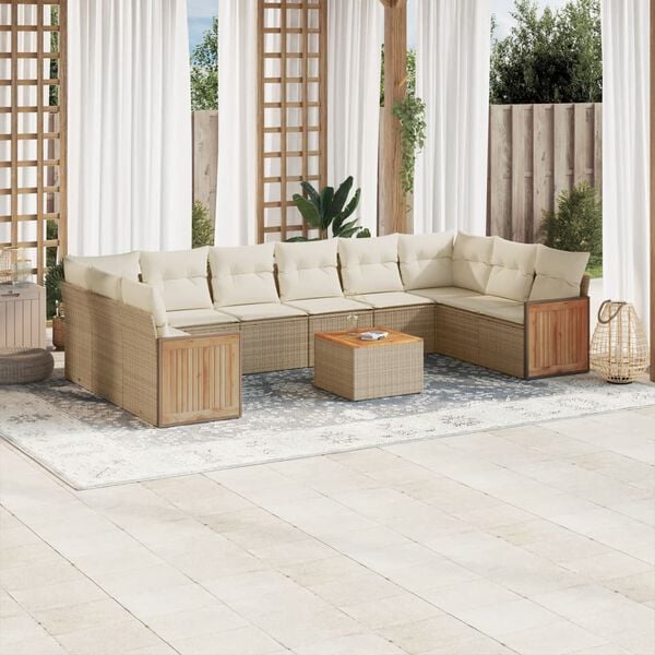 vidaXL 11-delige Tuinset met kussens poly rattan beige
