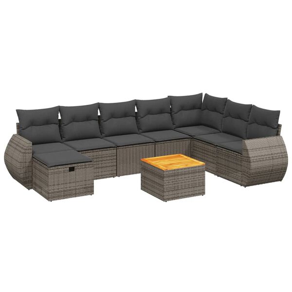 vidaXL 9-delige Loungeset met kussens poly rattan grijs
