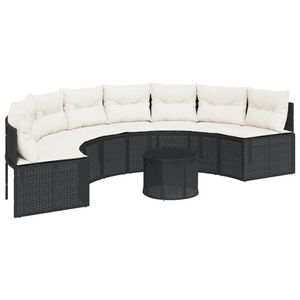 vidaXL Tuinbank met tafel en kussens halfrond poly rattan zwart