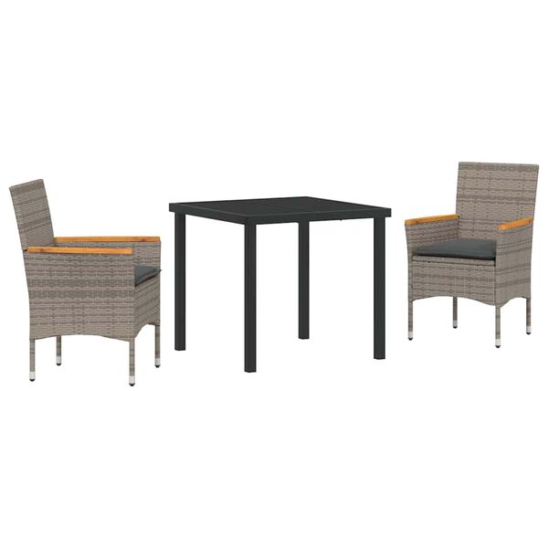 vidaXL Tuin eettafelset met kussen 3 pcs Grijs poly rattan