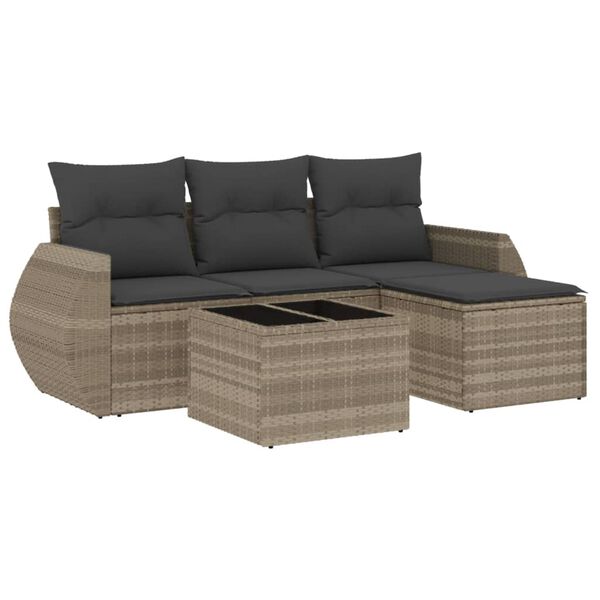 vidaXL 5-delige Loungeset met kussens poly rattan lichtgrijs