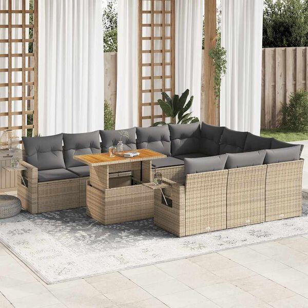 vidaXL 11-delige Tuinset met kussens poly rattan beige