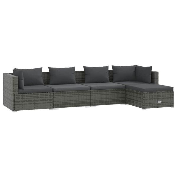 vidaXL 5-delige Loungeset met kussens poly rattan grijs