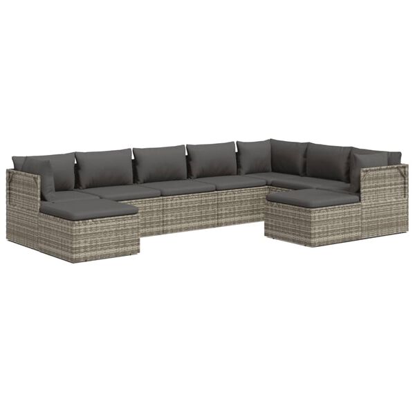vidaXL 9-delige Loungeset met kussens poly rattan grijs