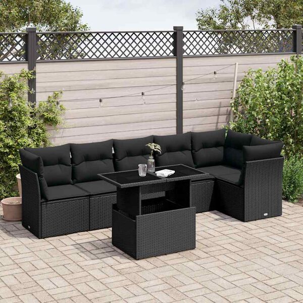vidaXL 7-delige Loungeset met kussens poly rattan zwart