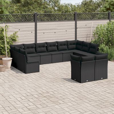 vidaXL 12-delige Loungeset met kussens poly rattan zwart